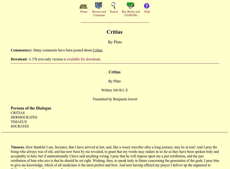 Mit: Internet Classics Archive: Critias, by Plato eBook