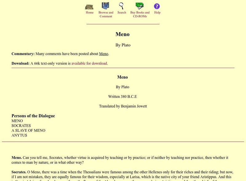 Mit: Internet Classics Archive: Meno eBook