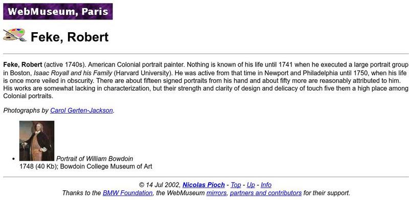 Ibiblio: Web Museum: Robert Feke Handout