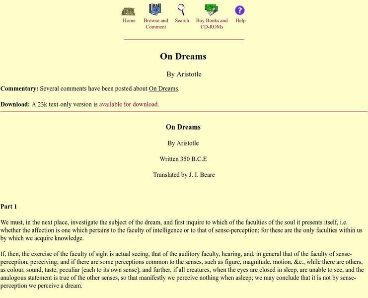 Mit: Internet Classics Archive: On Dreams Primary Mit: Internet Classics Archive: On Dreams Primary