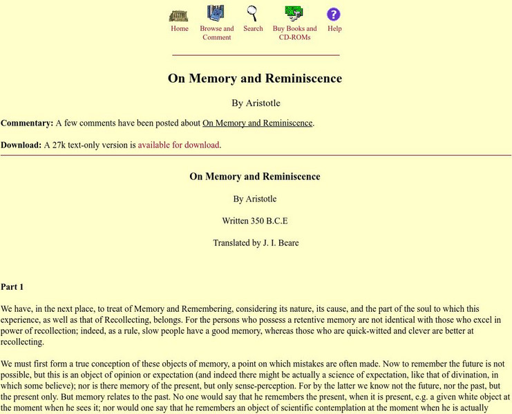 Mit: Internet Classics Archive: On Memory and Reminiscence Primary Mit: Internet Classics Archive: On Memory and Reminiscence Primary