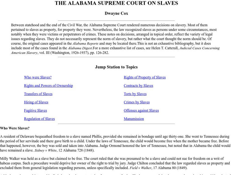 Auburn University: The Alabama Supreme Court on Slaves Handout Auburn University: The Alabama Supreme Court on Slaves Handout