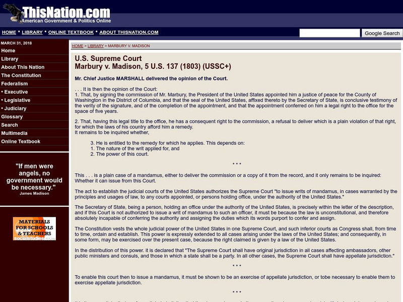 This Nation: Marbury v. Madison, 5 u.s. 137 (1803) Primary This Nation: Marbury v. Madison, 5 u.s. 137 (1803) Primary