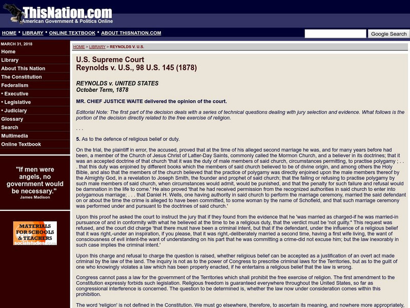 This nation.com: Reynolds v. United States (1878) Primary This nation.com: Reynolds v. United States (1878) Primary