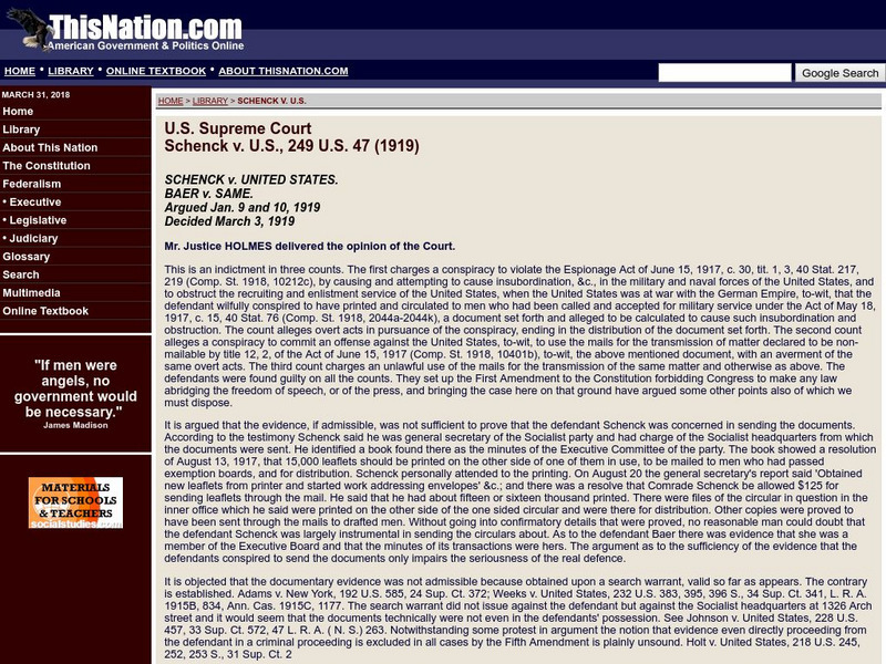 This nation.com: Schenk v. United States (1919) Primary This nation.com: Schenk v. United States (1919) Primary
