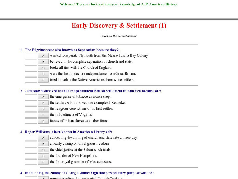 Historyteacher.net: Early Discovery & Settlement: Quiz (1) Unknown Type Historyteacher.net: Early Discovery & Settlement: Quiz (1) Unknown Type