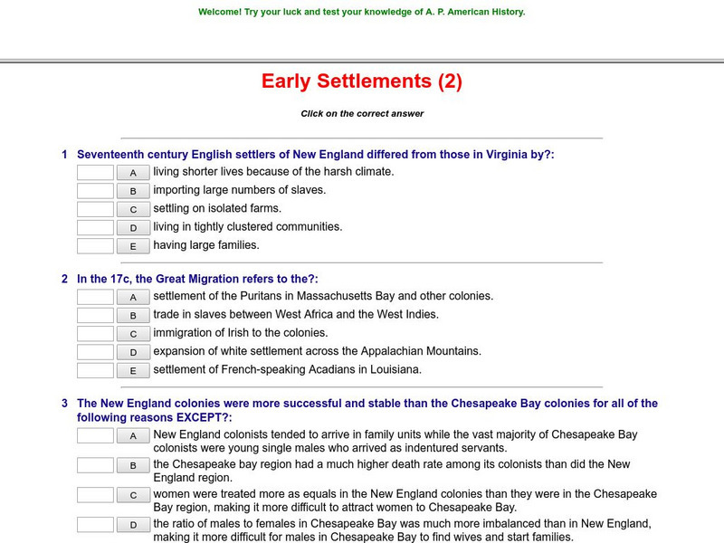 Historyteacher.net: Early Settlements: Quiz (2) Unknown Type Historyteacher.net: Early Settlements: Quiz (2) Unknown Type