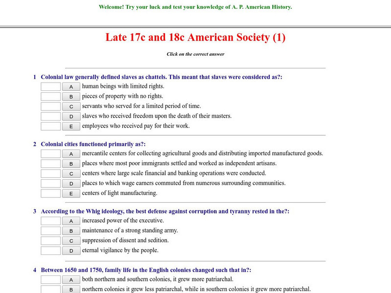 Historyteacher.net: Late 17 C and 18 C American Society: Quiz (1) Unknown Type Historyteacher.net: Late 17 C and 18 C American Society: Quiz (1) Unknown Type
