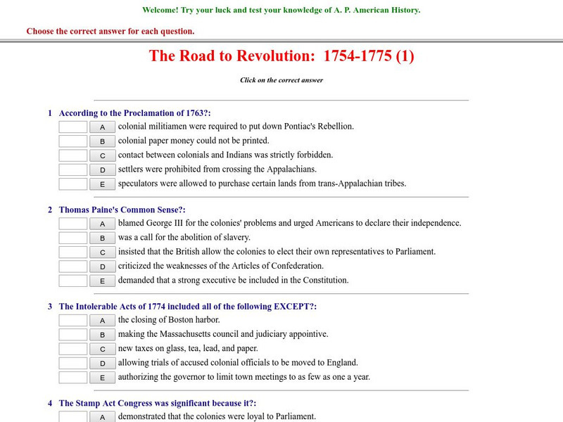 Historyteacher.net: The Road to Revolution: 1754 1775: Quiz (1) Unknown Type Historyteacher.net: The Road to Revolution: 1754 1775: Quiz (1) Unknown Type
