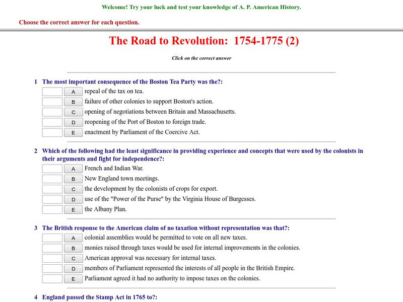 Historyteacher.net: The Road to Revolution: 1754 1775: Quiz (2) Unknown Type Historyteacher.net: The Road to Revolution: 1754 1775: Quiz (2) Unknown Type