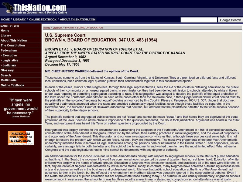 This nation.com: Brown v. Board of Education (1954) Primary This nation.com: Brown v. Board of Education (1954) Primary