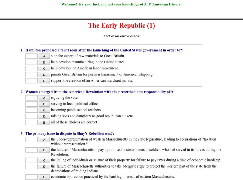 Historyteacher.net: The Early Republic: Quiz (1) Unknown Type Historyteacher.net: The Early Republic: Quiz (1) Unknown Type