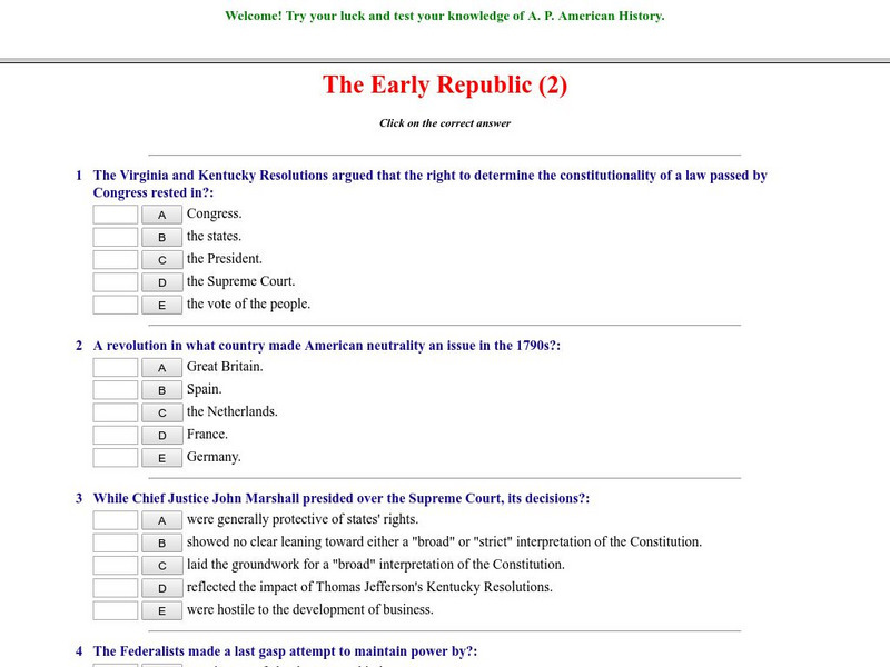 Historyteacher.net: The Early Republic: Quiz (2) Unknown Type Historyteacher.net: The Early Republic: Quiz (2) Unknown Type