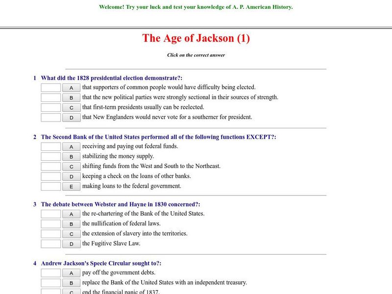 Historyteacher.net: The Age of Jackson: Quiz (1) Unknown Type