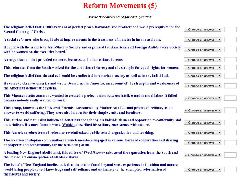 Historyteacher.net: Reform Movements: Quiz (5) Unknown Type Historyteacher.net: Reform Movements: Quiz (5) Unknown Type