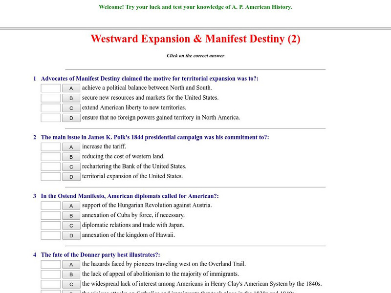Historyteacher.net: Westward Expansion & Manifest Destiny: Quiz (2) Unknown Type Historyteacher.net: Westward Expansion & Manifest Destiny: Quiz (2) Unknown Type