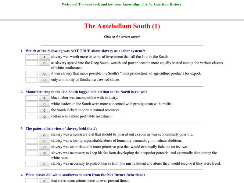 Historyteacher.net: The Antebellum South: Quiz (1) Unknown Type Historyteacher.net: The Antebellum South: Quiz (1) Unknown Type