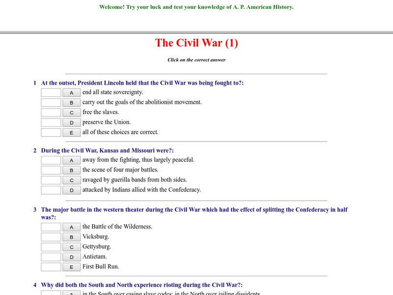 Historyteacher.net: The Civil War: Quiz (1) Unknown Type
