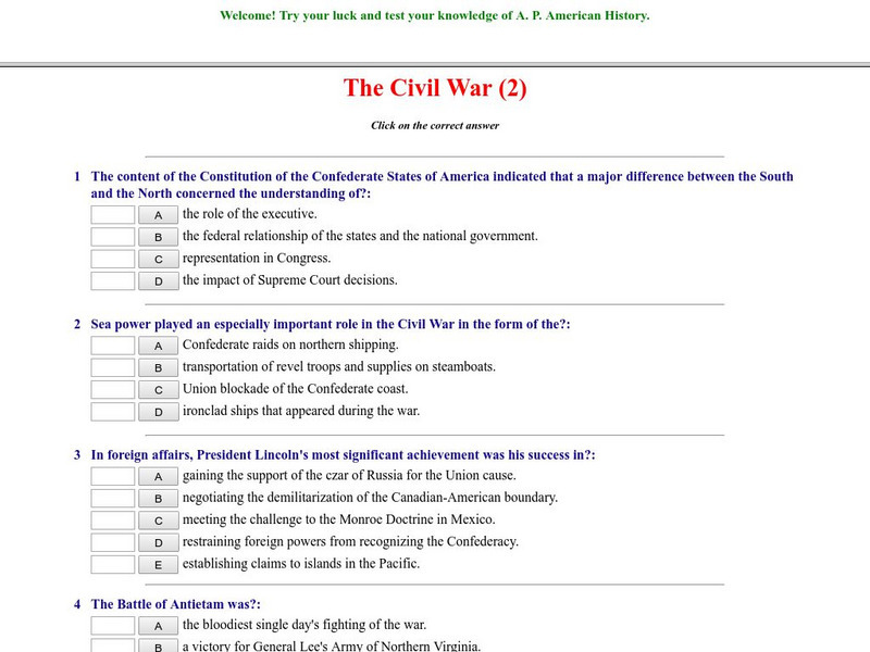 Historyteacher.net: The Civil War: Quiz (2) Unknown Type