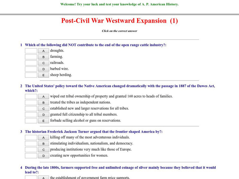Historyteacher.net: Post Civil War Westward Expansion: Quiz (1) Unknown Type