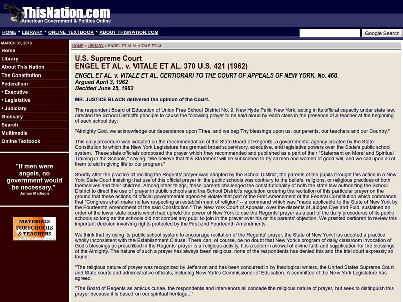 This nation.com: Engel v. Vitale (1962) Primary This nation.com: Engel v. Vitale (1962) Primary