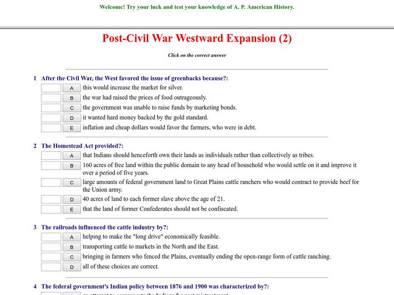 Historyteacher.net: Post Civil War Westward Expansion: Quiz (2) Unknown Type