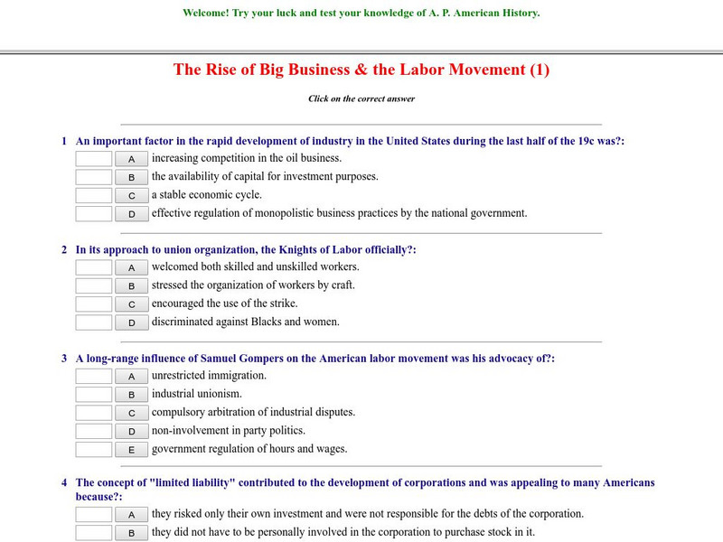 Historyteacher.net: The Rise of Big Business & the Labor Movement: Quiz (1) Unknown Type Historyteacher.net: The Rise of Big Business & the Labor Movement: Quiz (1) Unknown Type