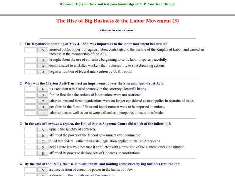 Historyteacher.net: The Rise of Big Business & the Labor Movement: Quiz (3) Unknown Type Historyteacher.net: The Rise of Big Business & the Labor Movement: Quiz (3) Unknown Type