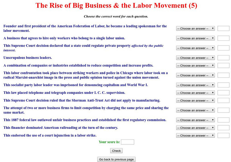 Historyteacher.net: The Rise of Big Business & the Labor Movement: Quiz (5) Unknown Type Historyteacher.net: The Rise of Big Business & the Labor Movement: Quiz (5) Unknown Type