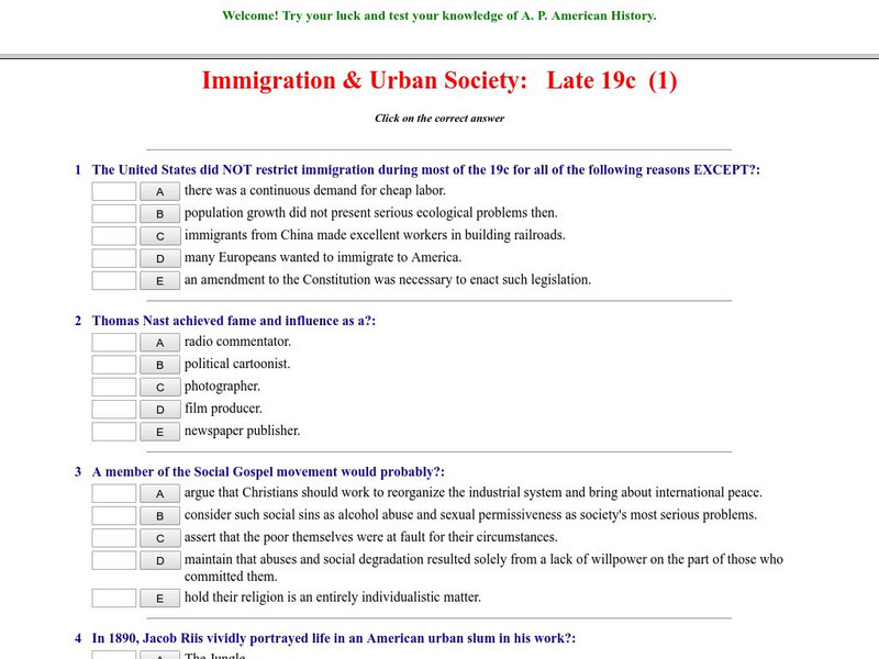 Historyteacher.net: Immigration & Urban Society: Late 19c: Quiz (1) Unknown Type Historyteacher.net: Immigration & Urban Society: Late 19c: Quiz (1) Unknown Type