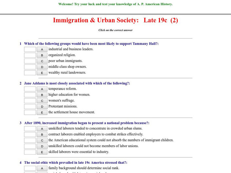 Historyteacher.net: Immigration & Urban Society: Late 19c: Quiz (2) Unknown Type Historyteacher.net: Immigration & Urban Society: Late 19c: Quiz (2) Unknown Type