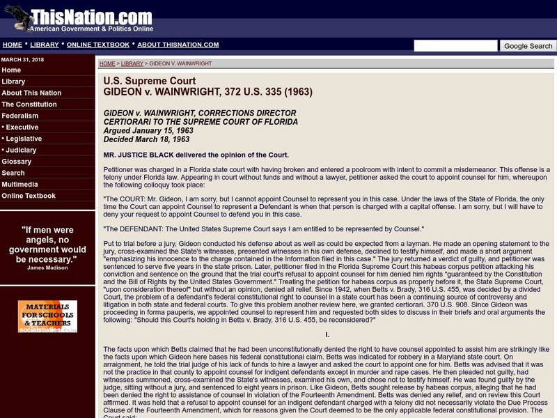 This nation.com: Gideon v. Wainwright (1963) Primary This nation.com: Gideon v. Wainwright (1963) Primary