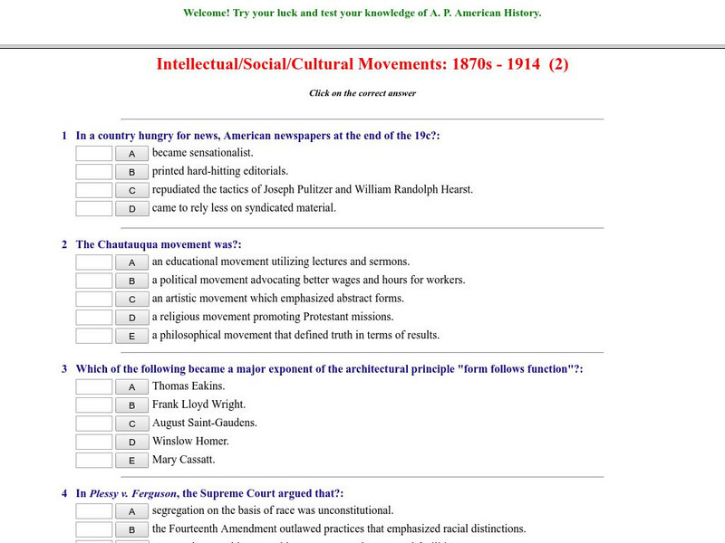 Historyteacher.net: Intellectual/social/cultural Movements: 1870s 1914: Quiz (2) Unknown Type