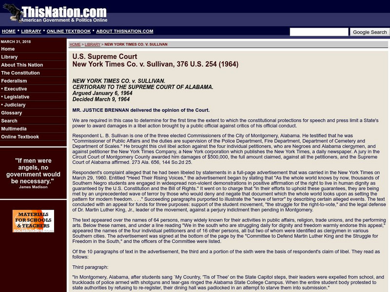This nation.com: New York Times Co. V. Sullivan (1964) Primary This nation.com: New York Times Co. V. Sullivan (1964) Primary
