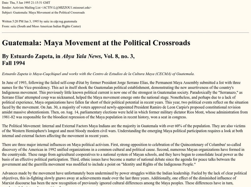 World History Archives: Guatemala: Maya Movement at the Political Crossroads Article