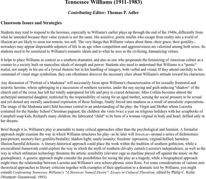Houghton Mifflin: Tennessee Williams Unit Plan Houghton Mifflin: Tennessee Williams Unit Plan