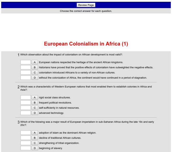 Historyteacher.net: Global Studies: European Colonialism in Africa Quiz (1) Unknown Type Historyteacher.net: Global Studies: European Colonialism in Africa Quiz (1) Unknown Type