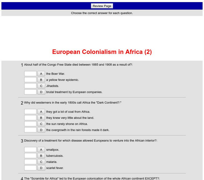Historyteacher.net: Global Studies: European Colonialism in Africa Quiz (2) Unknown Type Historyteacher.net: Global Studies: European Colonialism in Africa Quiz (2) Unknown Type