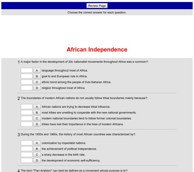 Historyteacher.net: Global Studies: African Independence Quiz Unknown Type Historyteacher.net: Global Studies: African Independence Quiz Unknown Type