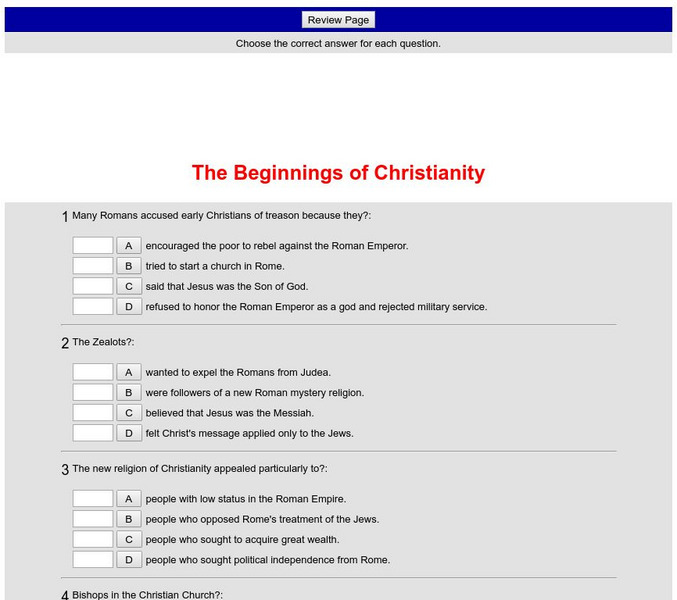 Historyteacher.net: Global Studies: The Beginnings of Christianity Quiz Unknown Type