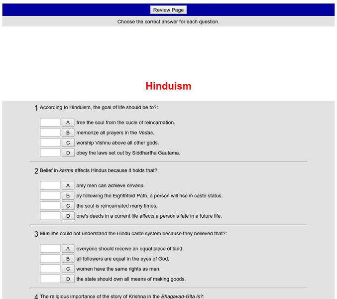 Historyteacher.net: Global Studies: Hinduism Quiz Unknown Type Historyteacher.net: Global Studies: Hinduism Quiz Unknown Type
