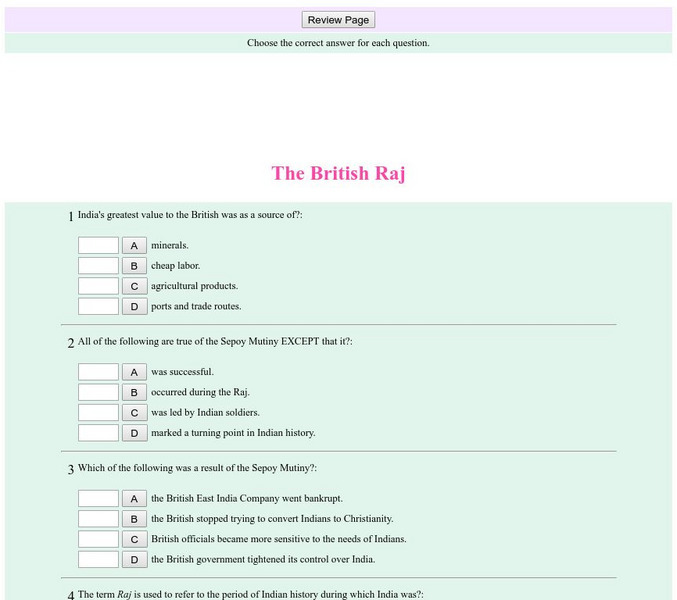 Historyteacher.net: Global Studies: The British Raj Quiz Unknown Type