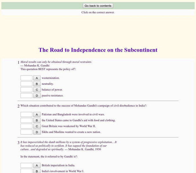 Historyteacher.net: Global Studies: The Road to Independence on the Subcontinent Quiz Unknown Type