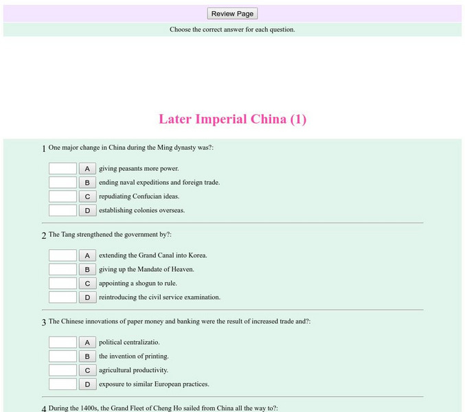 Historyteacher.net: Global Studies: Later Imperial China Quiz (1) Unknown Type Historyteacher.net: Global Studies: Later Imperial China Quiz (1) Unknown Type