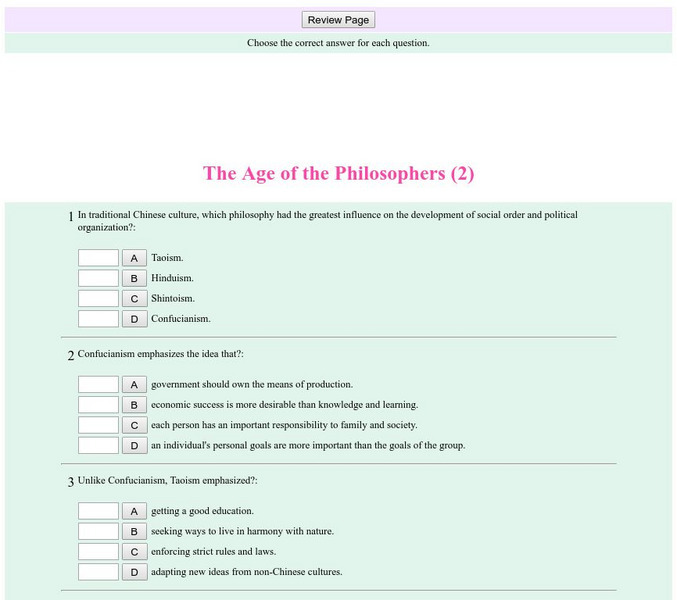 Historyteacher.net: Global Studies: China: The Age of the Philosophers Quiz (2) Unknown Type Historyteacher.net: Global Studies: China: The Age of the Philosophers Quiz (2) Unknown Type
