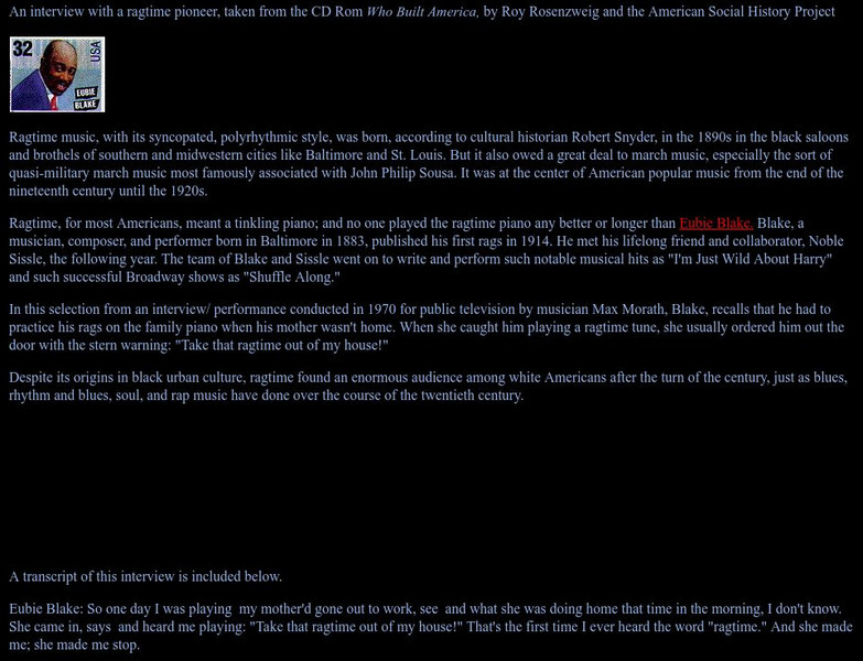 Chnm: Eubie Blake and Ragtime Website Chnm: Eubie Blake and Ragtime Website