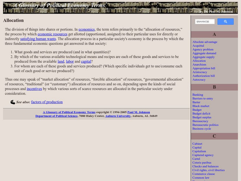 Auburn University: A Glossary of Political Economy Terms: Allocation Handout Auburn University: A Glossary of Political Economy Terms: Allocation Handout