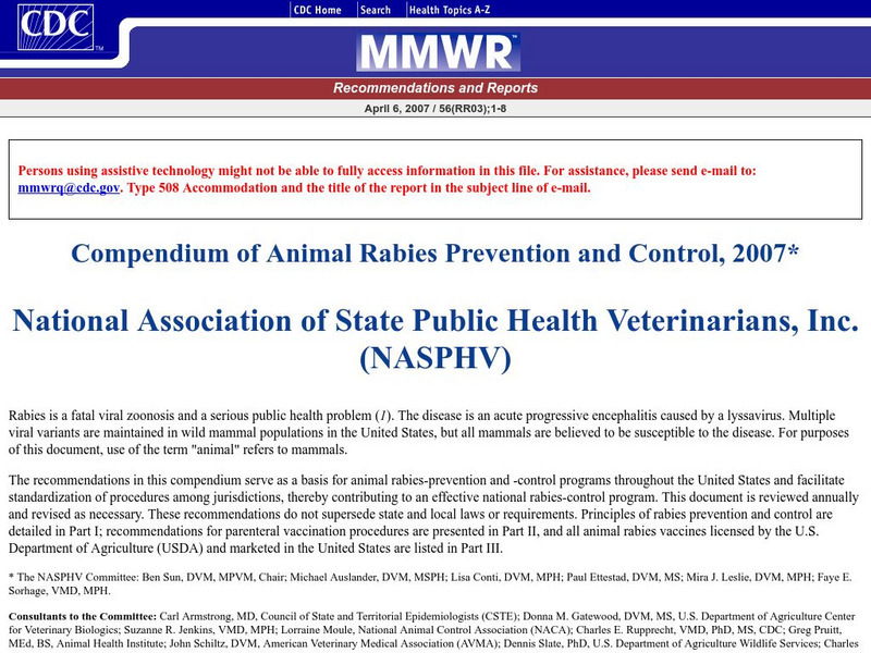 Centers for Disease Control: Compendium of Rabies Prevention & Control Handout