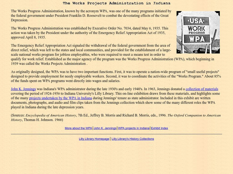 Wpa Exhibit Project: The Works Projects Administration in Indiana Website Wpa Exhibit Project: The Works Projects Administration in Indiana Website