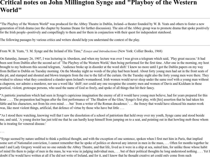 Ibiblio: Critical Notes on Synge "Playboy of the Western World" Website